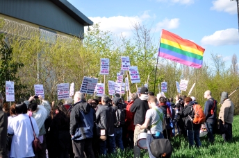 Protesters outside Harmondsworth and Colnbrook detention centres in April [Simon Hooper]